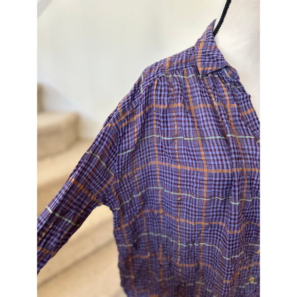 Free People Purple Orange Metallic Plaid Oversize Slouchy Button Down - Picture 3 of 8